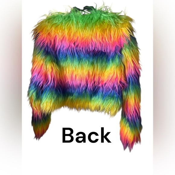 Rainbow Faux Fur Cropped Festival Rave Jacket NWT - Picture 3 of 5
